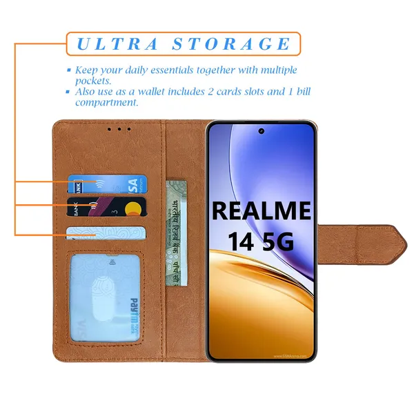 Brown_Artificial_Leather_See_Through_Design_Magnetic_Case_For_Realme_14_5G