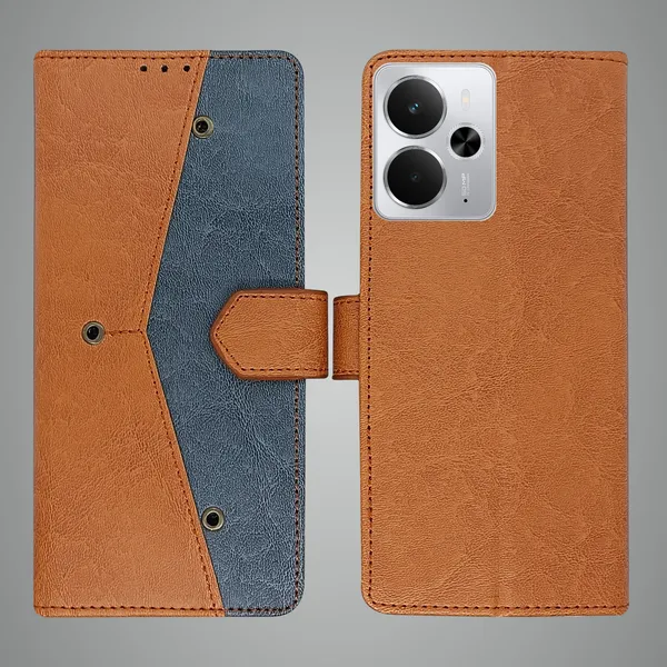 Brown_Artificial_Leather_See_Through_Design_Magnetic_Case_For_Realme_14_5G