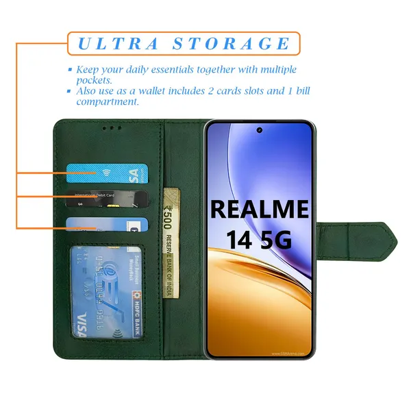 Green_Artificial_Leather_See_Through_Design_Magnetic_Case_For_Realme_14_5G