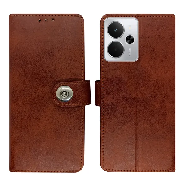 Brown_Artificial_Leather_See_Through_Design_Magnetic_Case_For_Realme_14_5G