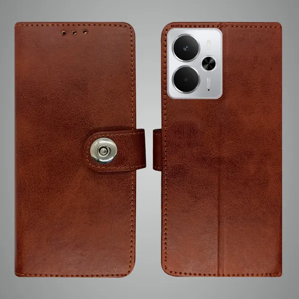 Brown_Artificial_Leather_See_Through_Design_Magnetic_Case_For_Realme_14_5G