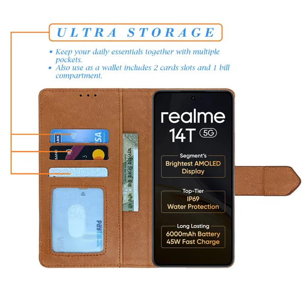 Brown_Artificial_Leather_See_Through_Design_Magnetic_Case_For_Realme_14T_5G