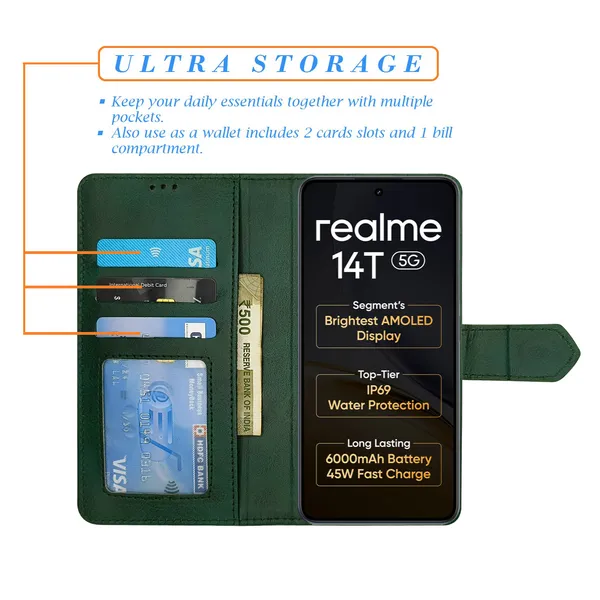 Green_Artificial_Leather_See_Through_Design_Magnetic_Case_For_Realme_14T_5G