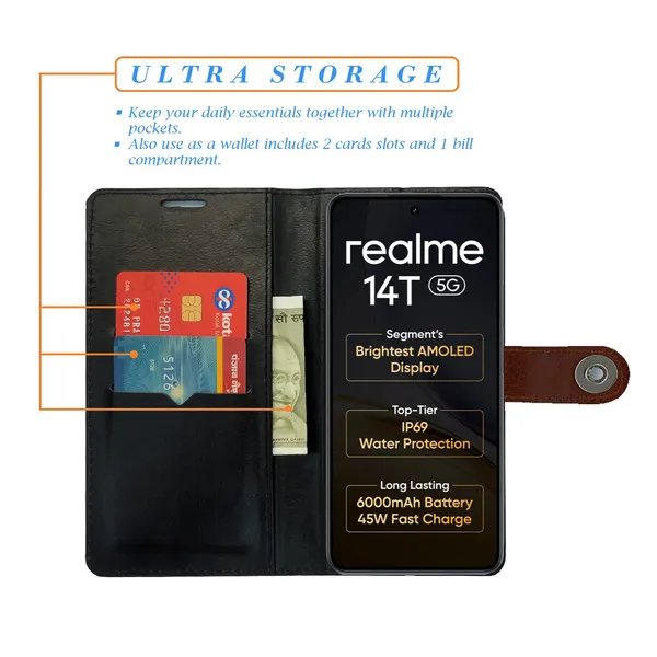 Brown_Artificial_Leather_See_Through_Design_Magnetic_Case_For_Realme_14T_5G