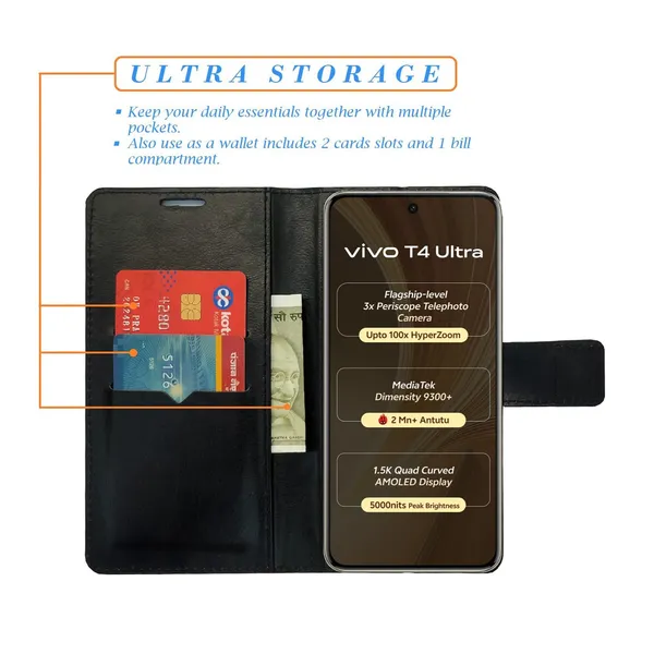 Chill_Black_Flip_Cover_for_Vivo_T4_Ultra_5G|_Leather_Finish|Shock_Proof|Magnetic_Clouser_Compatible_with_Vivo_T4_Ultra_5G_(Black)