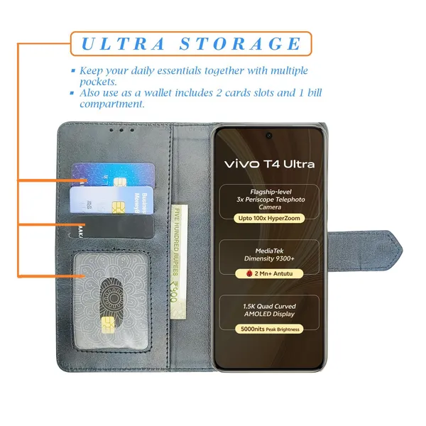 Kite_Blue_Flip_Cover_for_Vivo_T4_Ultra_5G|_Leather_Finish|Shock_Proof|Magnetic_Clouser_Compatible_with_Vivo_T4_Ultra_5G_(Blue)