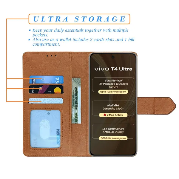 Kite_Brown_Flip_Cover_for_Vivo_T4_Ultra_5G|_Leather_Finish|Shock_Proof|Magnetic_Clouser_Compatible_with_Vivo_T4_Ultra_5G_(Brown)