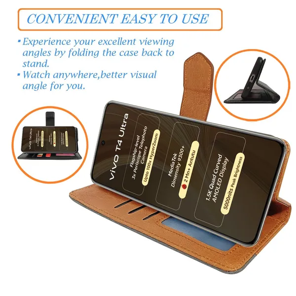 Kite_Brown_Flip_Cover_for_Vivo_T4_Ultra_5G|_Leather_Finish|Shock_Proof|Magnetic_Clouser_Compatible_with_Vivo_T4_Ultra_5G_(Brown)