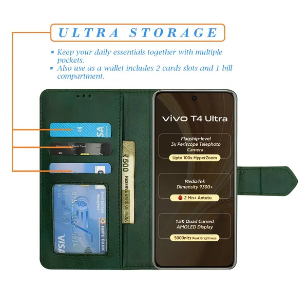 Kite_Green_Flip_Cover_for_Vivo_T4_Ultra_5G|_Leather_Finish|Shock_Proof|Magnetic_Clouser_Compatible_with_Vivo_T4_Ultra_5G_(Green)