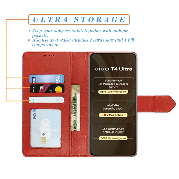 Kite_Red_Flip_Cover_for_Vivo_T4_Ultra_5G|_Leather_Finish|Shock_Proof|Magnetic_Clouser_Compatible_with_Vivo_T4_Ultra_5G_(Red)