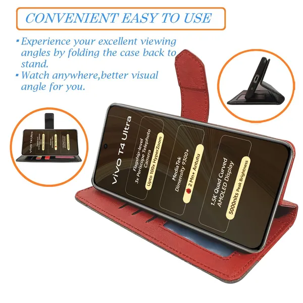 Kite_Red_Flip_Cover_for_Vivo_T4_Ultra_5G|_Leather_Finish|Shock_Proof|Magnetic_Clouser_Compatible_with_Vivo_T4_Ultra_5G_(Red)