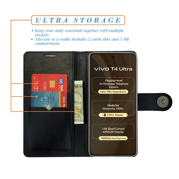 Manjoor_Black_Flip_Cover_for_Vivo_T4_Ultra_5G|_Leather_Finish|Shock_Proof|Magnetic_Clouser_Compatible_with_Vivo_T4_Ultra_5G_(Black)