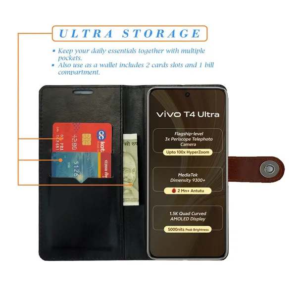 Manjoor_Brown_Flip_Cover_for_Vivo_T4_Ultra_5G|_Leather_Finish|Shock_Proof|Magnetic_Clouser_Compatible_with_Vivo_T4_Ultra_5G_(Brown)