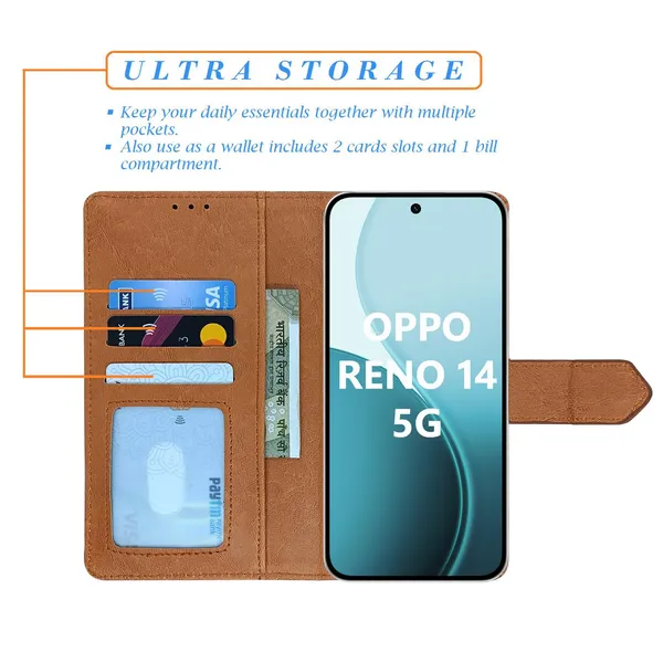 Kite_Brown_Flip_Cover_for_Oppo_Reno_14_5G|_Leather_Finish|Shock_Proof|Magnetic_Clouser_Compatible_with_Oppo_Reno_14_5G_(Brown)