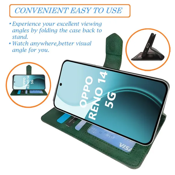 Kite_Green_Flip_Cover_for_Oppo_Reno_14_5G|_Leather_Finish|Shock_Proof|Magnetic_Clouser_Compatible_with_Oppo_Reno_14_5G_(Green)