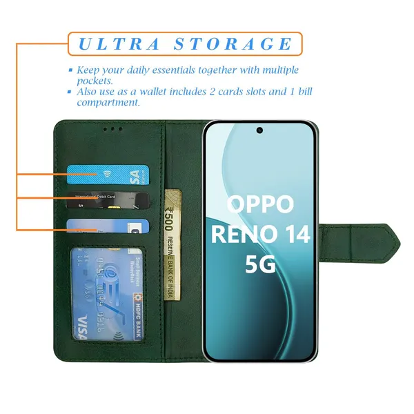 Kite_Green_Flip_Cover_for_Oppo_Reno_14_5G|_Leather_Finish|Shock_Proof|Magnetic_Clouser_Compatible_with_Oppo_Reno_14_5G_(Green)