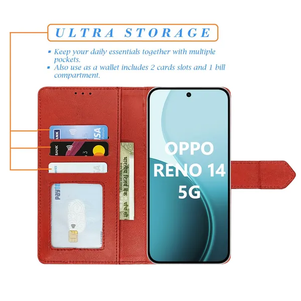 Kite_Red_Flip_Cover_for_Oppo_Reno_14_5G|_Leather_Finish|Shock_Proof|Magnetic_Clouser_Compatible_with_Oppo_Reno_14_5G_(Red)