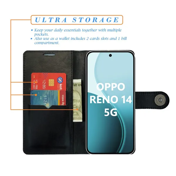 Manjoor_Black_Flip_Cover_for_Oppo_Reno_14_5G|_Leather_Finish|Shock_Proof|Magnetic_Clouser_Compatible_with_Oppo_Reno_14_5G_(Black)