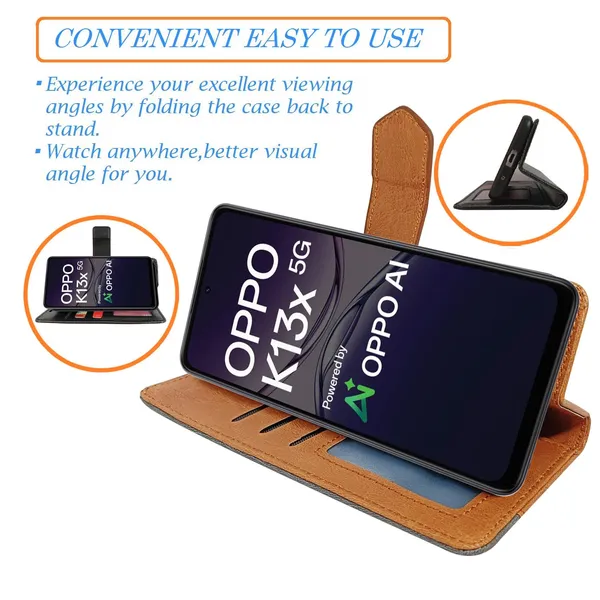 Kite_Brown_Flip_Cover_for_Oppo_K13x_5G|_Leather_Finish|Shock_Proof|Magnetic_Clouser_Compatible_with_Oppo_K13x_5G_(Brown)