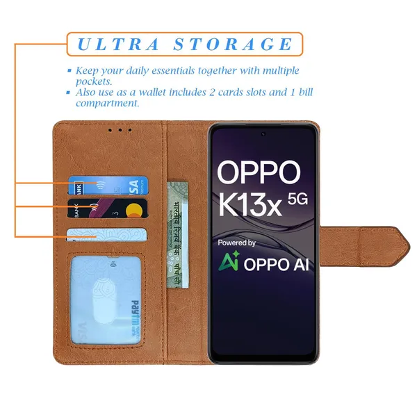 Kite_Brown_Flip_Cover_for_Oppo_K13x_5G|_Leather_Finish|Shock_Proof|Magnetic_Clouser_Compatible_with_Oppo_K13x_5G_(Brown)