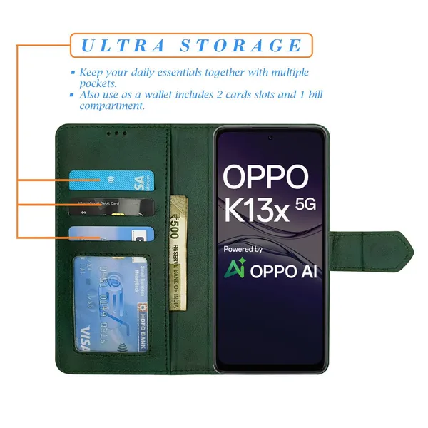 Kite_Green_Flip_Cover_for_Oppo_K13x_5G|_Leather_Finish|Shock_Proof|Magnetic_Clouser_Compatible_with_Oppo_K13x_5G_(Green)