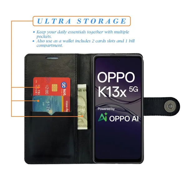 Manjoor_Black_Flip_Cover_for_Oppo_K13x_5G|_Leather_Finish|Shock_Proof|Magnetic_Clouser_Compatible_with_Oppo_K13x_5G_(Black)