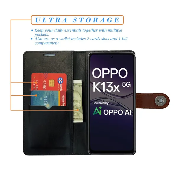Manjoor_Brown_Flip_Cover_for_Oppo_K13x_5G|_Leather_Finish|Shock_Proof|Magnetic_Clouser_Compatible_with_Oppo_K13x_5G_(Brown)