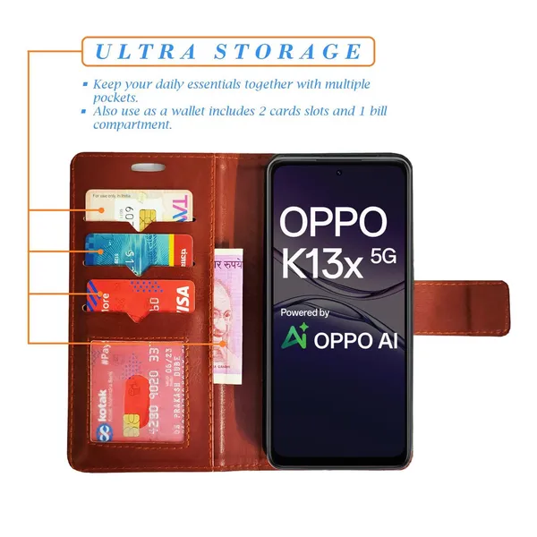 Brown_GP_Flip_Cover_for_Oppo_K13x_5G|_Leather_Finish|Shock_Proof|Magnetic_Clouser_Compatible_with_Oppo_K13x_5G_(Brown)