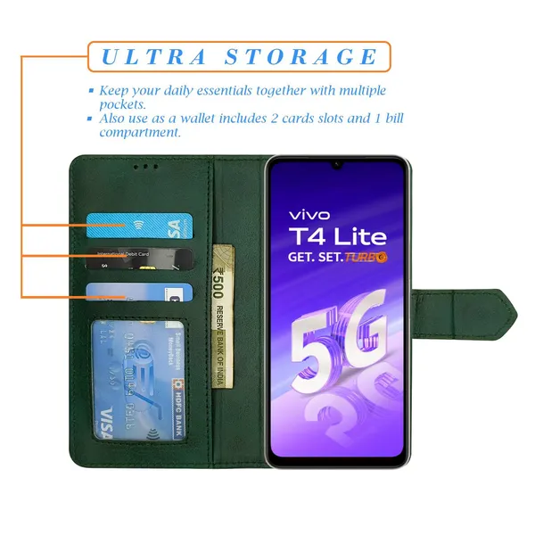 Kite_Green_Flip_Cover_for_Vivo_T4_Lite_5G|_Leather_Finish|Shock_Proof|Magnetic_Clouser_Compatible_with_Vivo_T4_Lite_5G_(Green)
