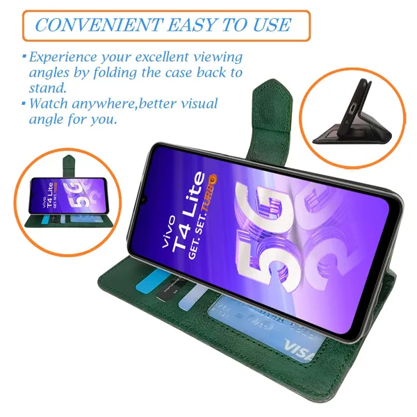 Kite_Green_Flip_Cover_for_Vivo_T4_Lite_5G|_Leather_Finish|Shock_Proof|Magnetic_Clouser_Compatible_with_Vivo_T4_Lite_5G_(Green)