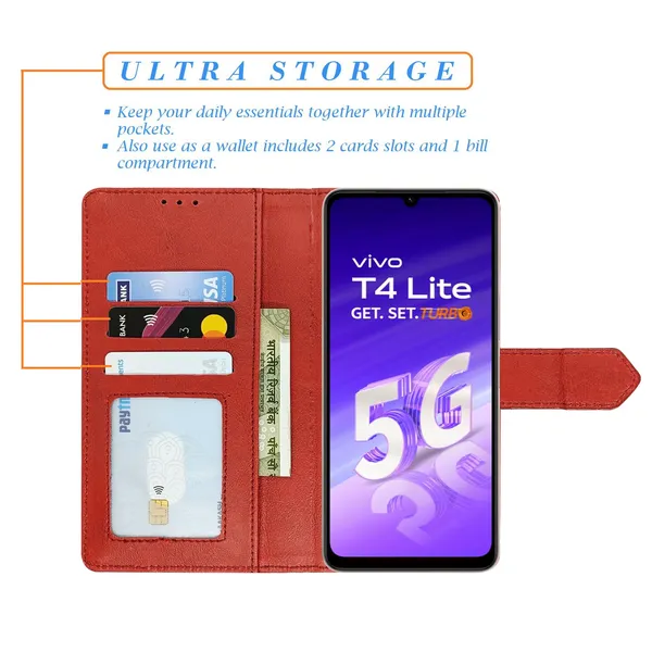 Kite_Red_Flip_Cover_for_Vivo_T4_Lite_5G|_Leather_Finish|Shock_Proof|Magnetic_Clouser_Compatible_with_Vivo_T4_Lite_5G_(Red)