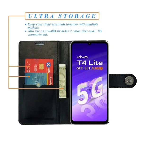 Manjoor_Black_Flip_Cover_for_Vivo_T4_Lite_5G|_Leather_Finish|Shock_Proof|Magnetic_Clouser_Compatible_with_Vivo_T4_Lite_5G_(Black)