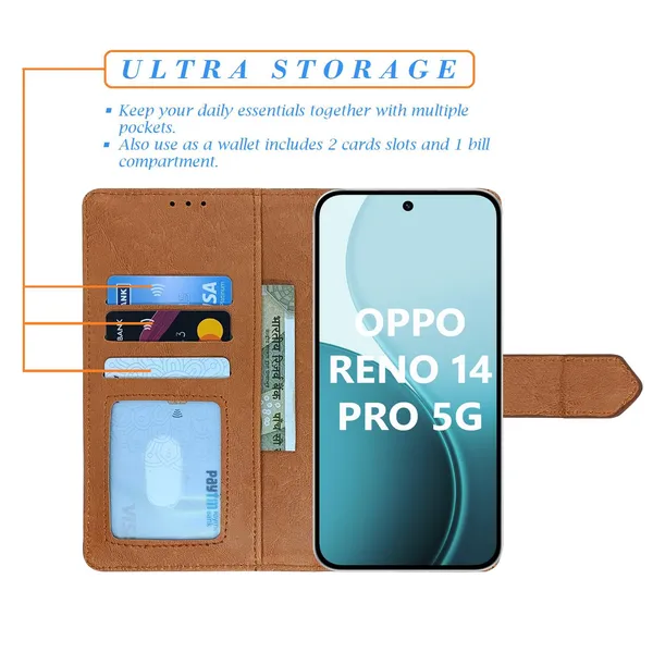 Kite_Brown_Flip_Cover_for_Oppo_Reno_14_Pro_5G|_Leather_Finish|Shock_Proof|Magnetic_Clouser_Compatible_with_Oppo_Reno_14_Pro_5G_(Brown)