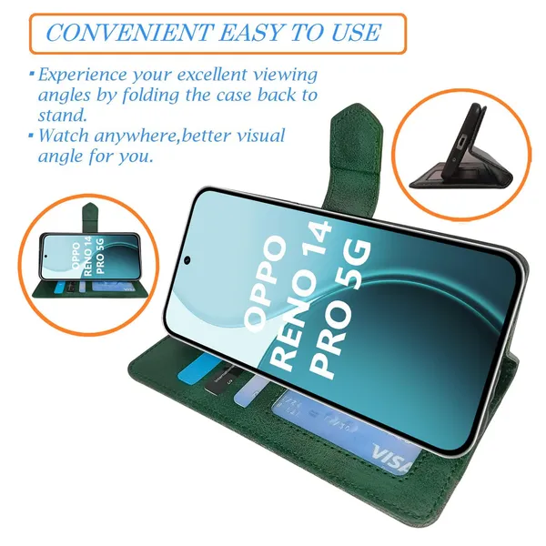 Kite_Green_Flip_Cover_for_Oppo_Reno_14_Pro_5G|_Leather_Finish|Shock_Proof|Magnetic_Clouser_Compatible_with_Oppo_Reno_14_Pro_5G_(Green)