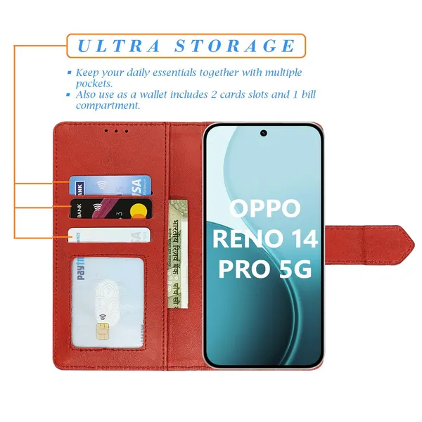 Kite_Red_Flip_Cover_for_Oppo_Reno_14_Pro_5G|_Leather_Finish|Shock_Proof|Magnetic_Clouser_Compatible_with_Oppo_Reno_14_Pro_5G_(Red)