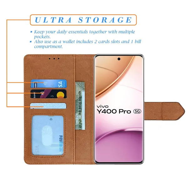 Kite_Brown_Flip_Cover_for_Vivo_Y400_Pro_5G|_Leather_Finish|Shock_Proof|Magnetic_Clouser_Compatible_with_Vivo_Y400_Pro_5G_(Brown)