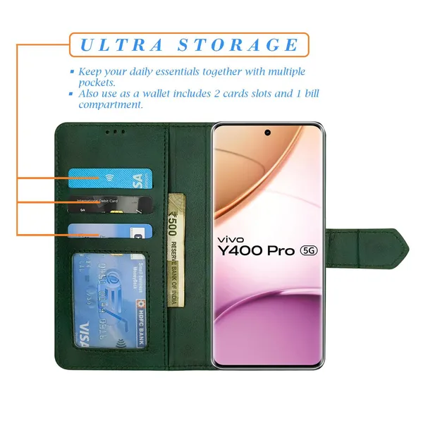 Kite_Green_Flip_Cover_for_Vivo_Y400_Pro_5G|_Leather_Finish|Shock_Proof|Magnetic_Clouser_Compatible_with_Vivo_Y400_Pro_5G_(Green)