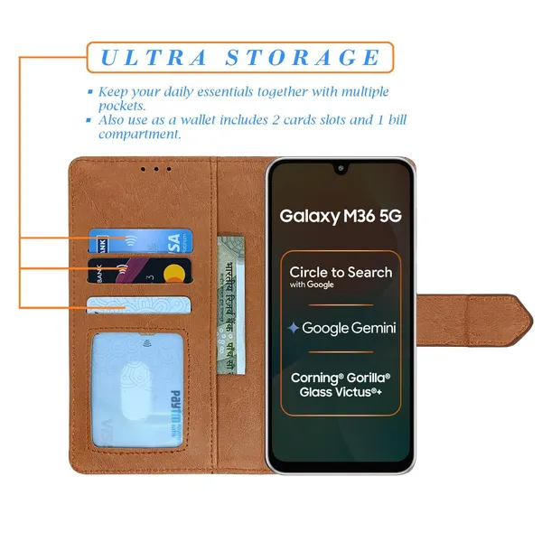Kite_Brown_Flip_Cover_for_Samsung_M36_5G|_Leather_Finish|Shock_Proof|Magnetic_Clouser_Compatible_with_Samsung_M36_5G_(Brown)