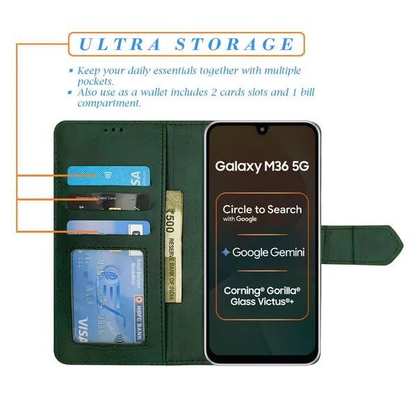 Kite_Green_Flip_Cover_for_Samsung_M36_5G|_Leather_Finish|Shock_Proof|Magnetic_Clouser_Compatible_with_Samsung_M36_5G_(Green)