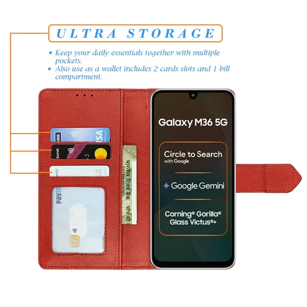 Kite_Red_Flip_Cover_for_Samsung_M36_5G|_Leather_Finish|Shock_Proof|Magnetic_Clouser_Compatible_with_Samsung_M36_5G_(Red)