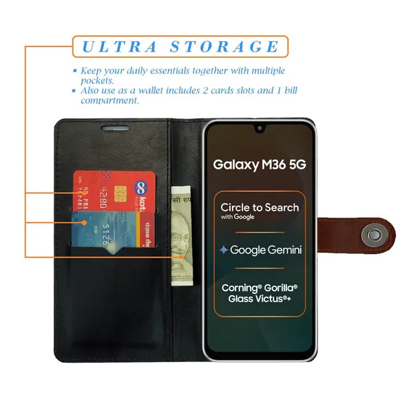 Manjoor_Brown_Flip_Cover_for_Samsung_M36_5G|_Leather_Finish|Shock_Proof|Magnetic_Clouser_Compatible_with_Samsung_M36_5G_(Brown)