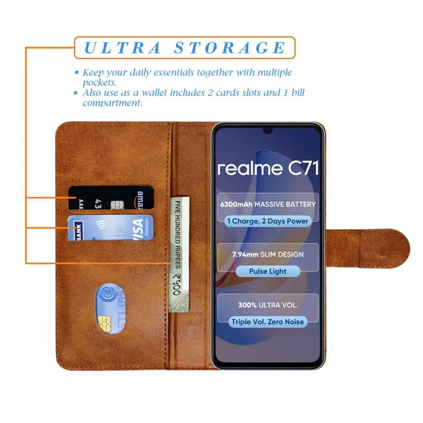 Khadi_Brown_Flip_Cover_for_Realme_C71|_Leather_Finish|Shock_Proof|Magnetic_Clouser_Compatible_with_Realme_C71_(Brown)
