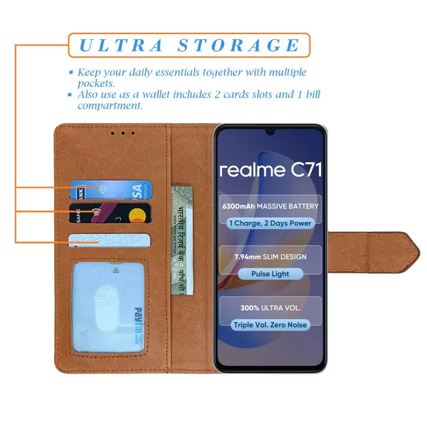 Kite_Brown_Flip_Cover_for_Realme_C71|_Leather_Finish|Shock_Proof|Magnetic_Clouser_Compatible_with_Realme_C71_(Brown)