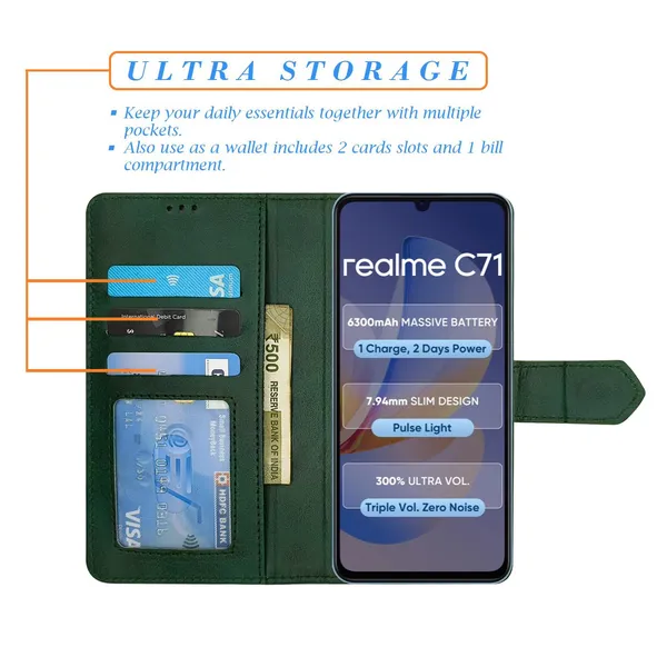 Kite_Green_Flip_Cover_for_Realme_C71|_Leather_Finish|Shock_Proof|Magnetic_Clouser_Compatible_with_Realme_C71_(Green)