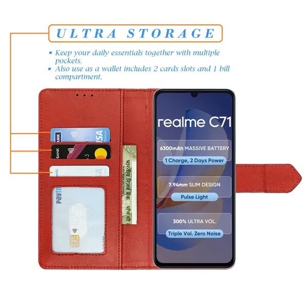 Kite_Red_Flip_Cover_for_Realme_C71|_Leather_Finish|Shock_Proof|Magnetic_Clouser_Compatible_with_Realme_C71_(Red)
