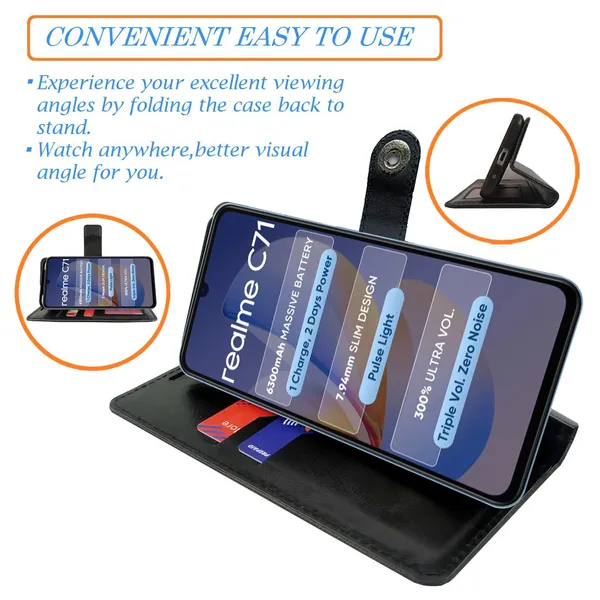 Manjoor_Black_Flip_Cover_for_Realme_C71|_Leather_Finish|Shock_Proof|Magnetic_Clouser_Compatible_with_Realme_C71_(Black)