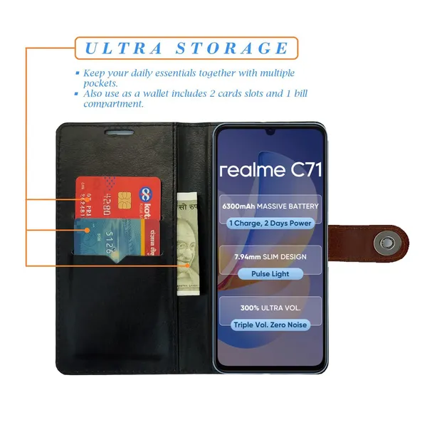 Manjoor_Brown_Flip_Cover_for_Realme_C71|_Leather_Finish|Shock_Proof|Magnetic_Clouser_Compatible_with_Realme_C71_(Brown)