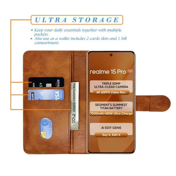Khadi_Brown_Flip_Cover_for_Realme_15_Pro_5G|_Leather_Finish|Shock_Proof|Magnetic_Clouser_Compatible_with_Realme_15_Pro_5G_(Brown)