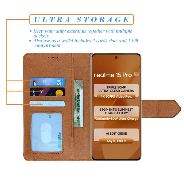 Kite_Brown_Flip_Cover_for_Realme_15_Pro_5G|_Leather_Finish|Shock_Proof|Magnetic_Clouser_Compatible_with_Realme_15_Pro_5G_(Brown)