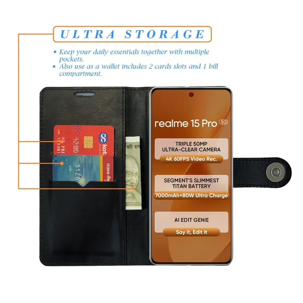 Manjoor_Black_Flip_Cover_for_Realme_15_Pro_5G|_Leather_Finish|Shock_Proof|Magnetic_Clouser_Compatible_with_Realme_15_Pro_5G_(Black)